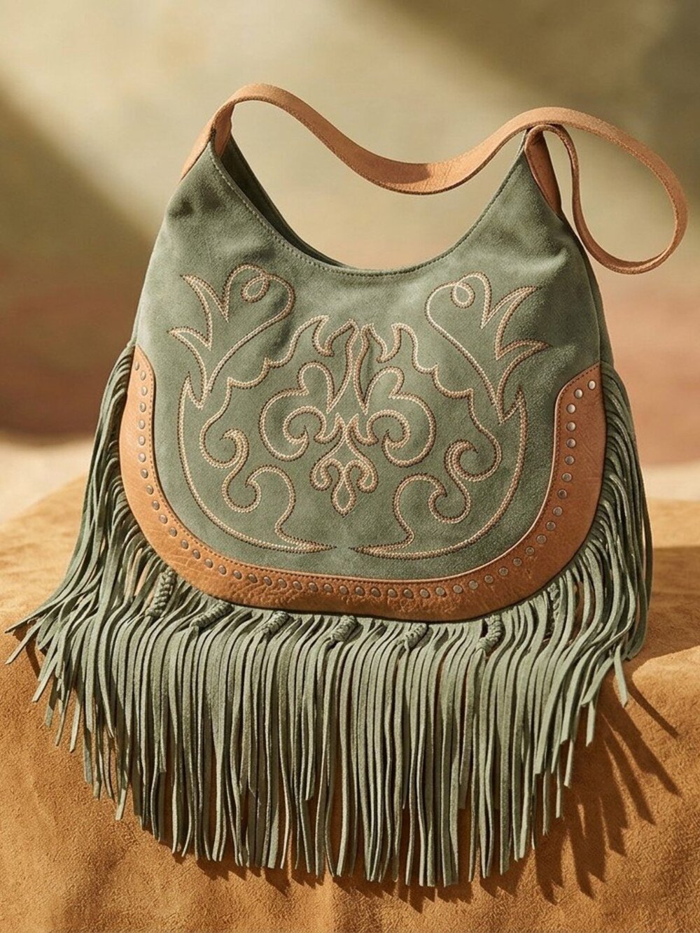 Sage Whisper Fringe Leather Bag in Green - Picture 5 of 5